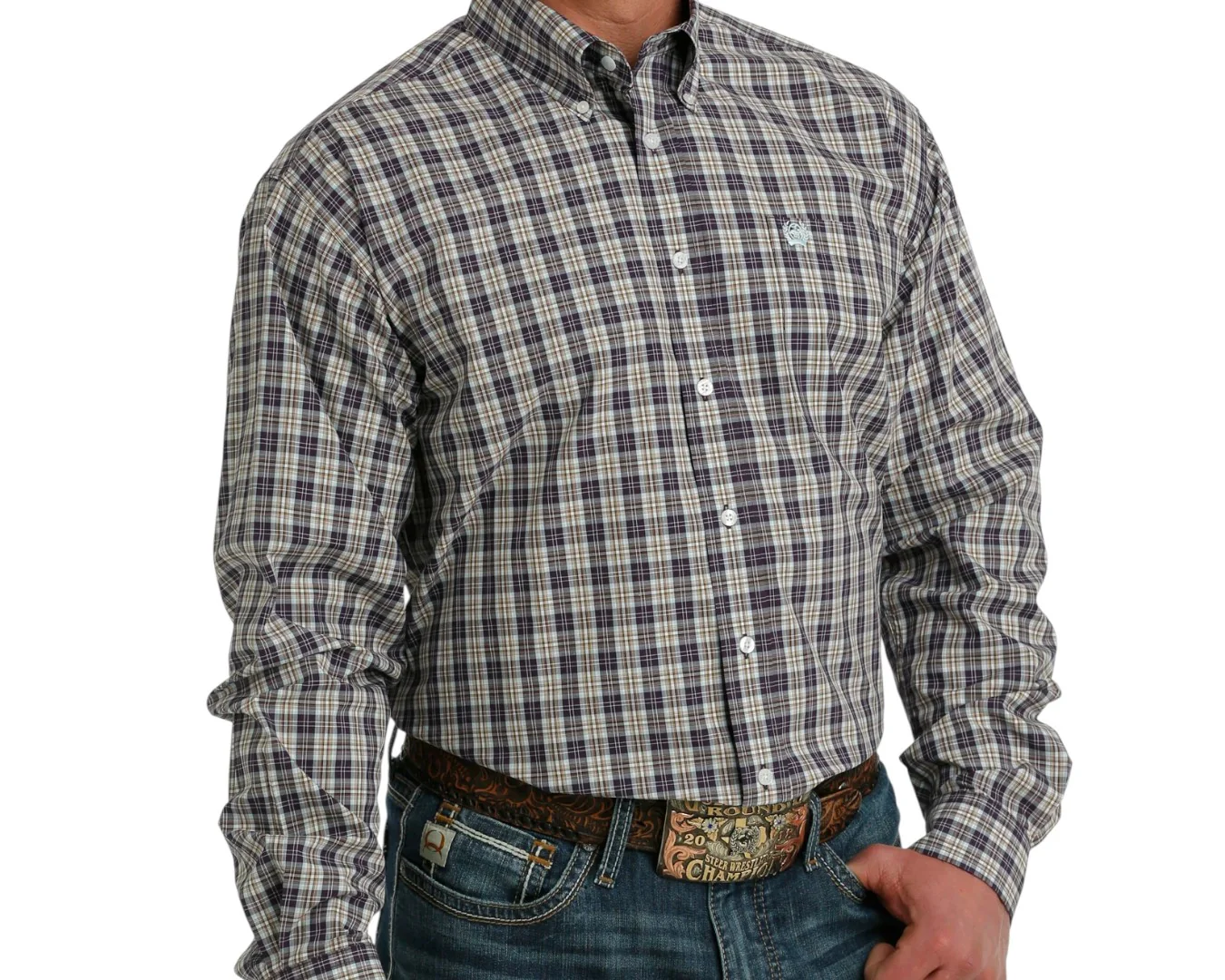 Cinch Men's Purple/Cream Plaid Long Sleeve Shirt - Image 3