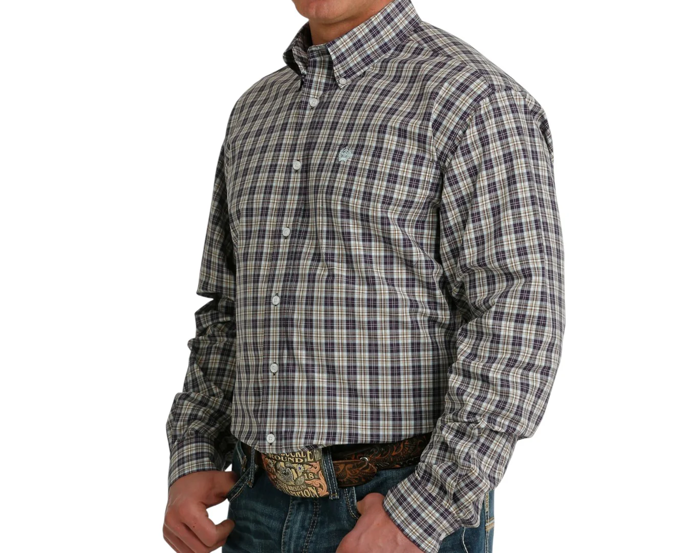 Cinch Men's Purple/Cream Plaid Long Sleeve Shirt - Image 4