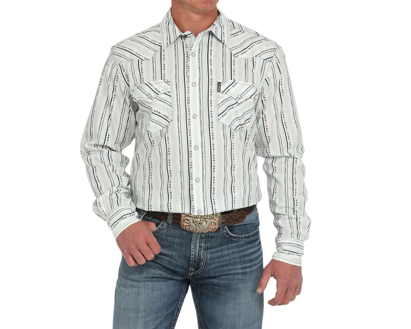 Cinch Men's White Modern Fit Stripe Snap Shirt