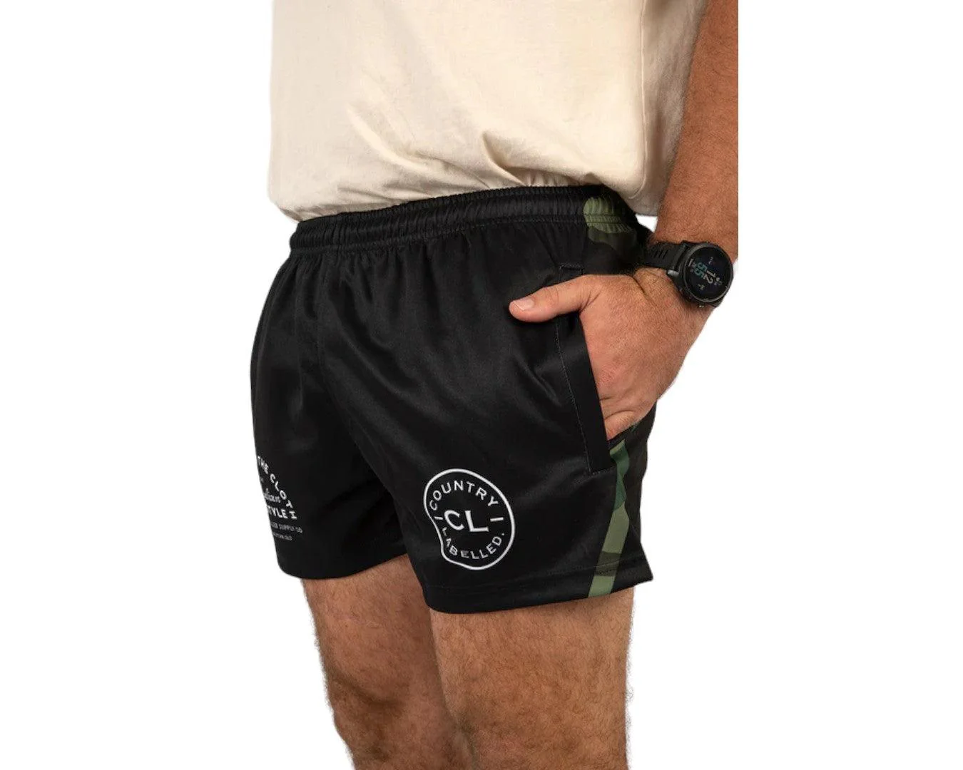 Country Labelled Footy Shorts - Black & Camo