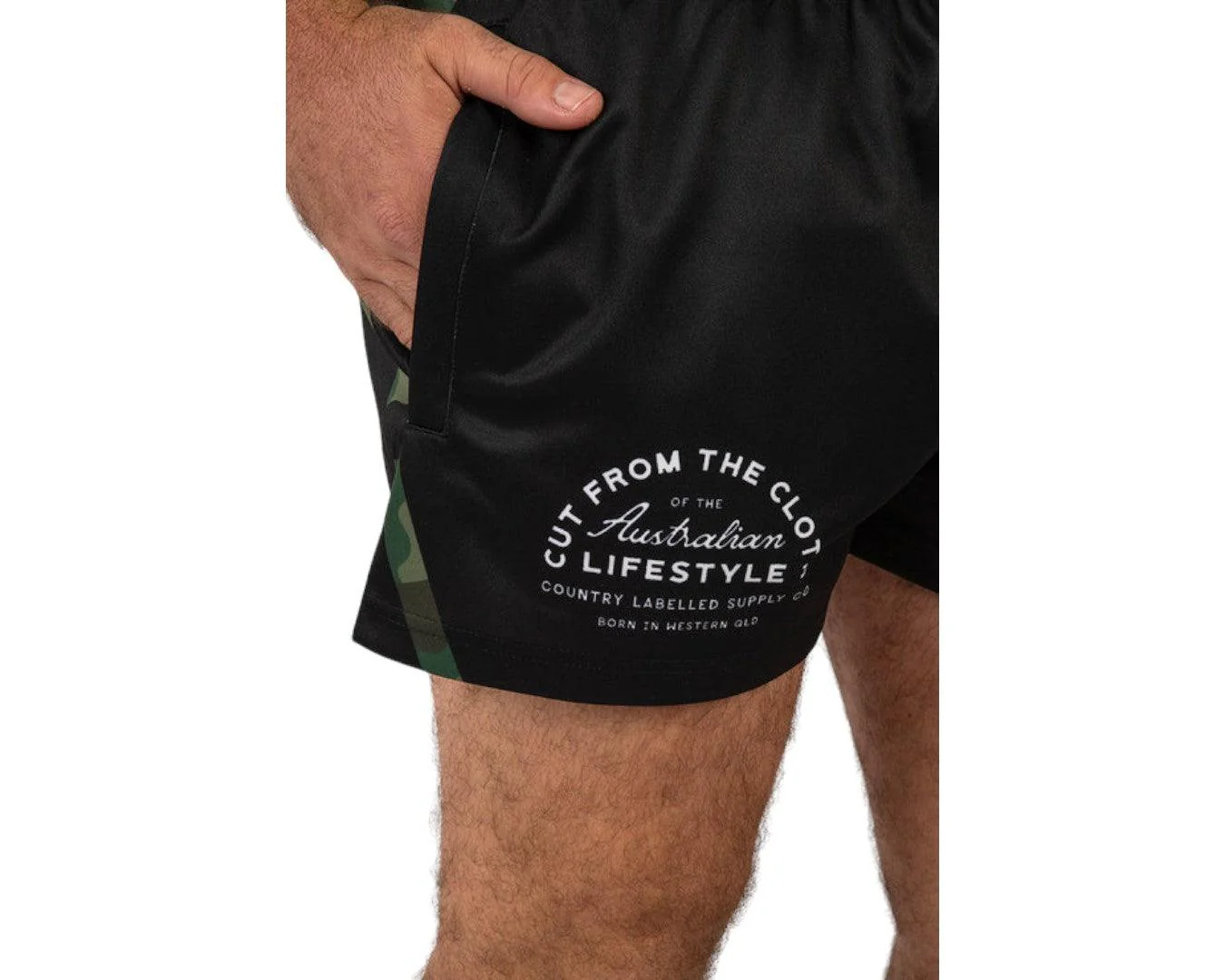Country Labelled Footy Shorts - Black & Camo - Image 3