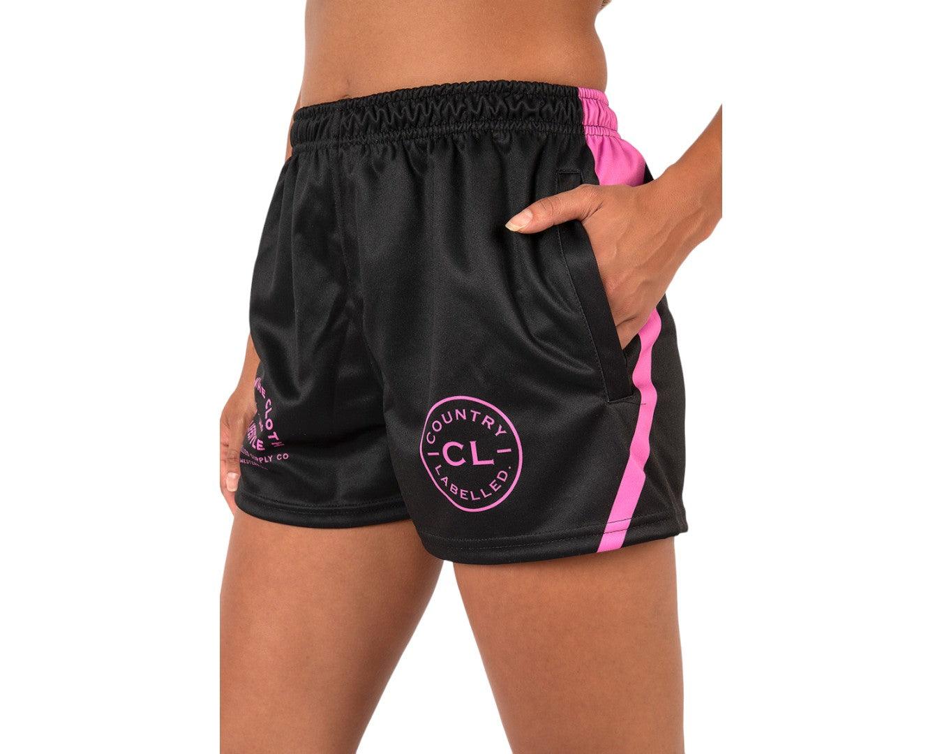 Country Labelled Footy Shorts - Black & Pink