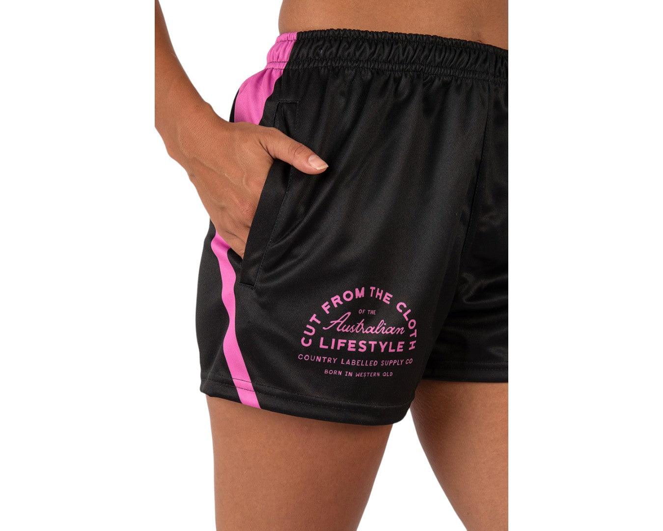 Country Labelled Footy Shorts - Black & Pink - Image 2