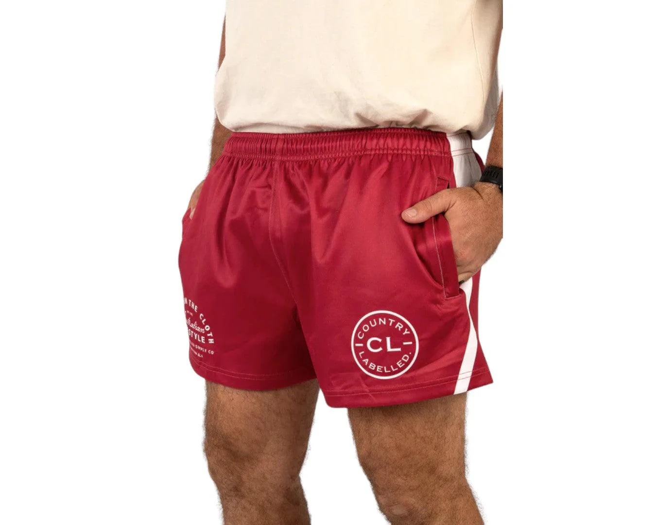 Country Labelled Footy Shorts - Burgundy & White
