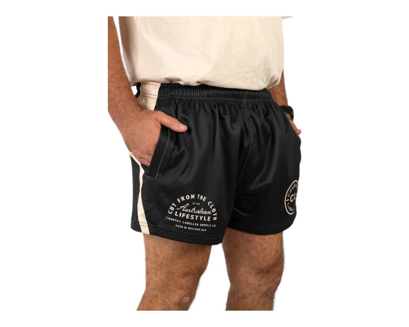 Country Labelled Footy Shorts - Black & Tan - Image 3