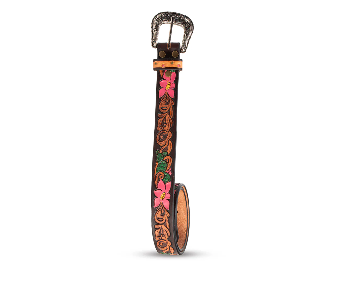 Fort Worth Tooled Leather Belt- Cactus Flowers - Image 2