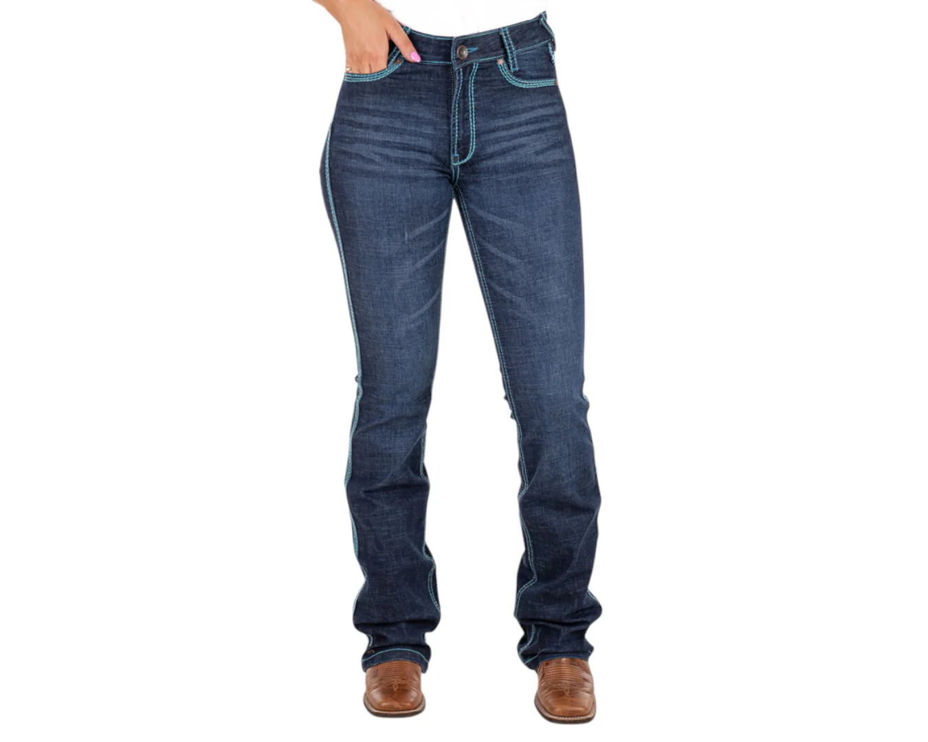 Hitchley & Harrow Women's Ultra High-Rise Core Jeans- Turquoise Stitching - Image 4