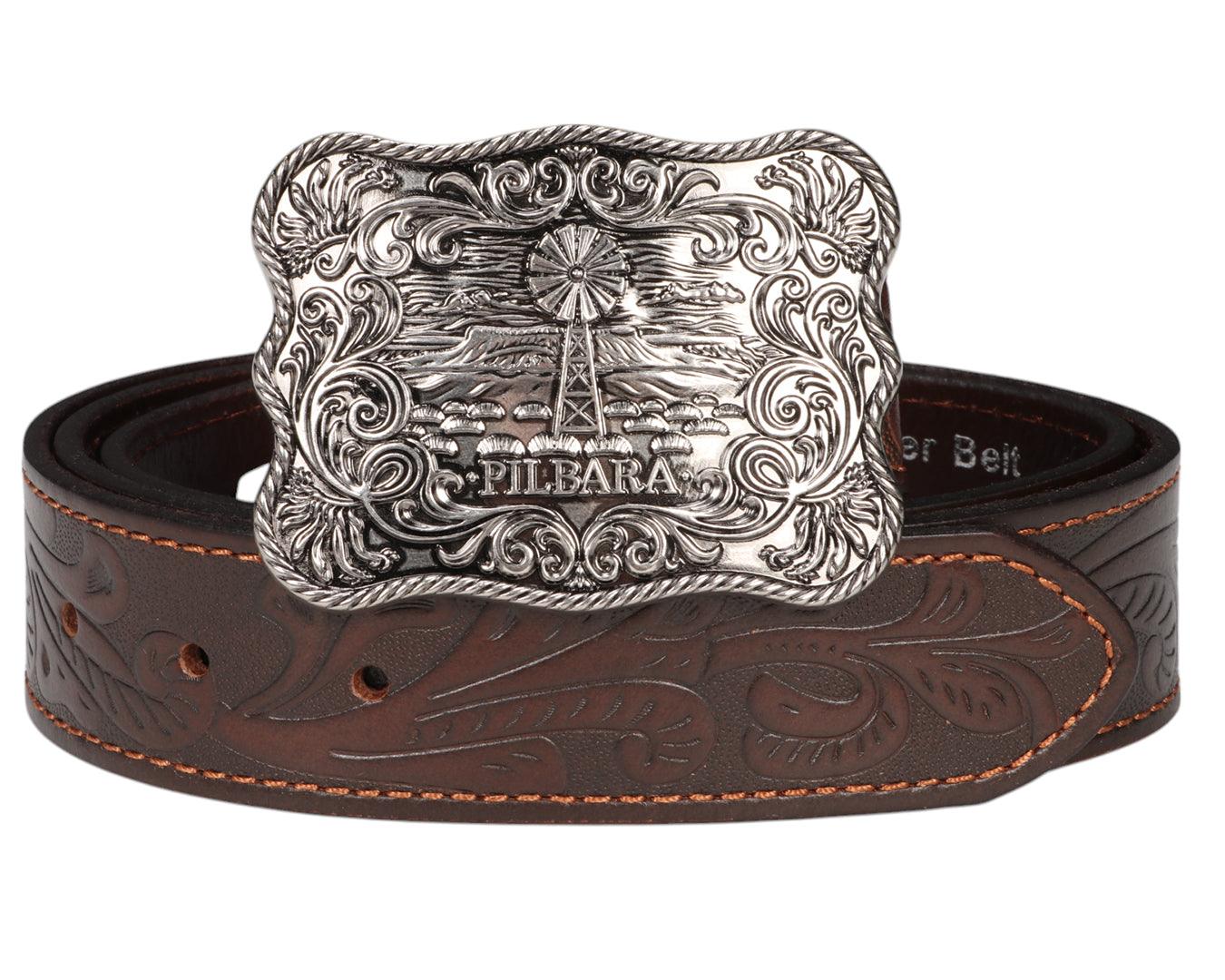 Pilbara Western Rodeo Buckle Tooled Leather Belt
