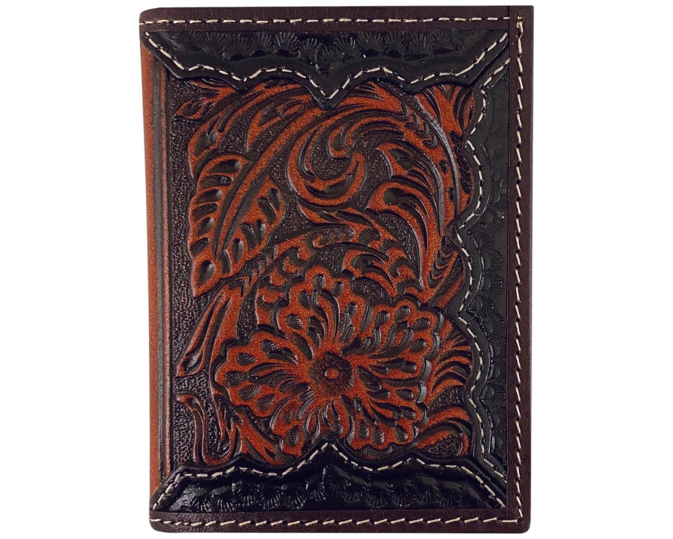 Roper Tri-Fold Tooled Leather Wallet - Dark Brown